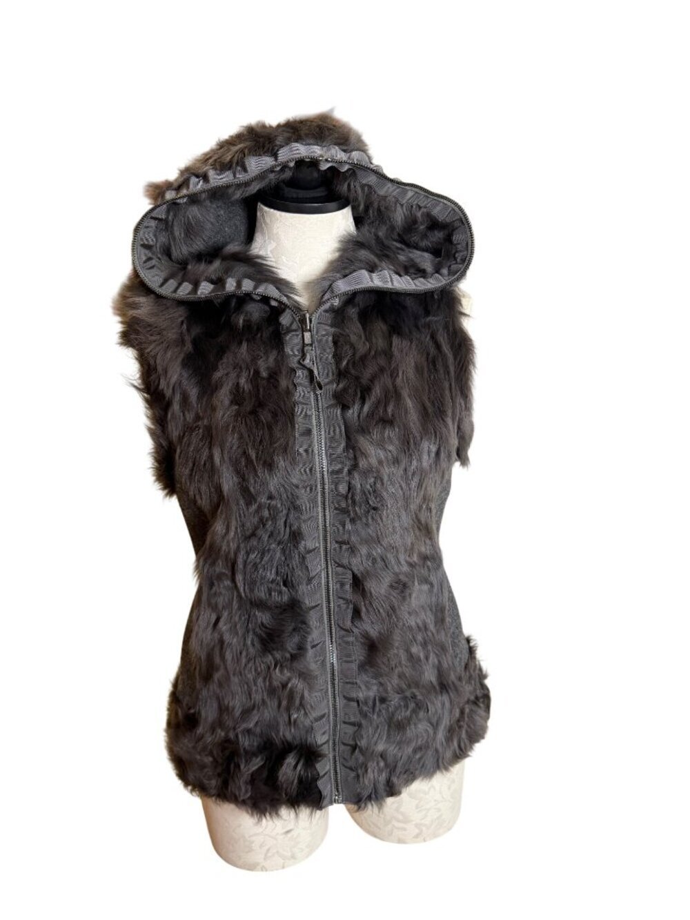 Glamourpuss Womens Sleeveless Reversible Lamb Fur Hooded Vest Size S Gray New